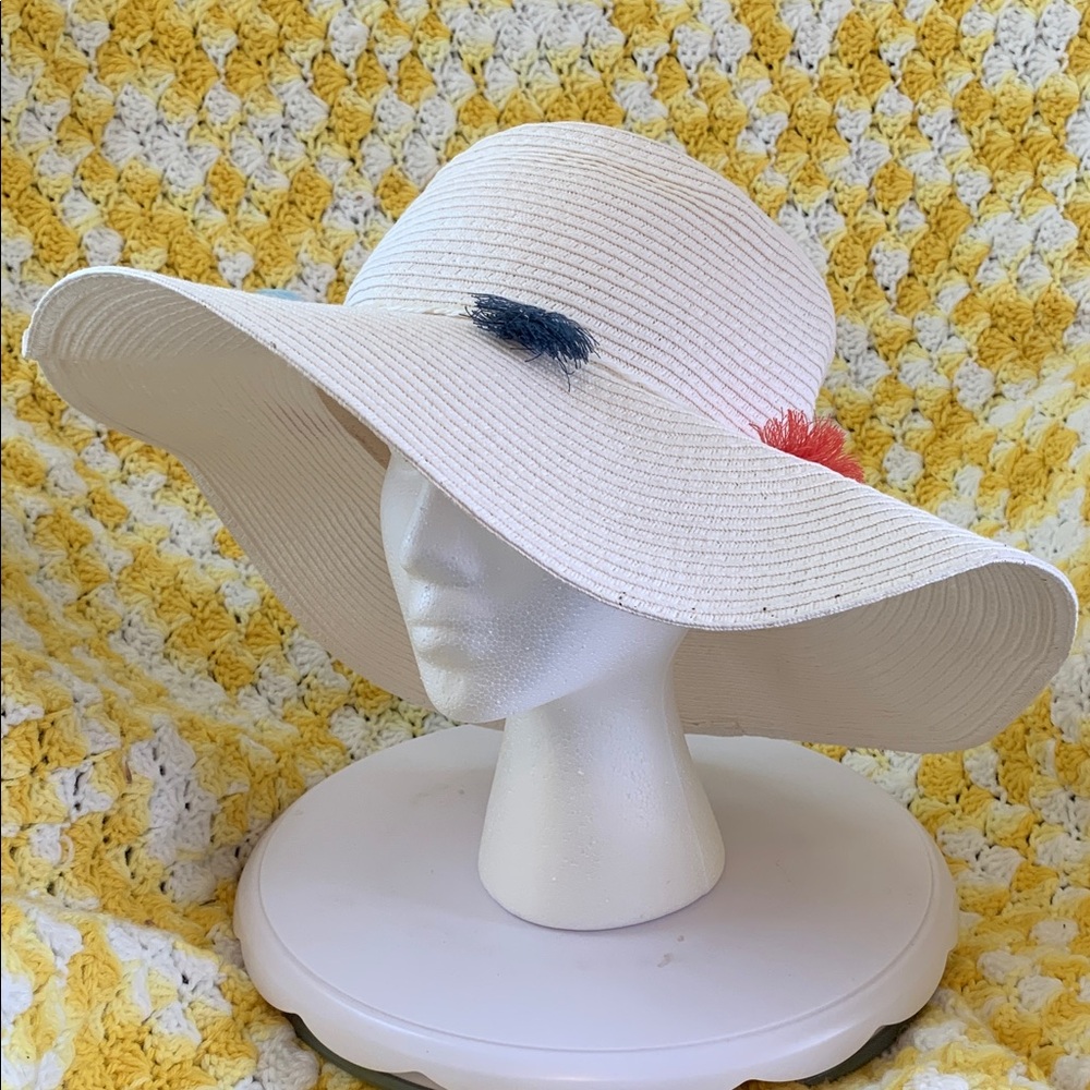 Panama Jack Floppy Woven Beach Hat Pink Blue Tassels Adjustable Foldable